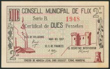 FLIX (TARRAGONA). 2 Pesetas. Mayo 1937. Serie B. (González: 7884). Raro. SC.