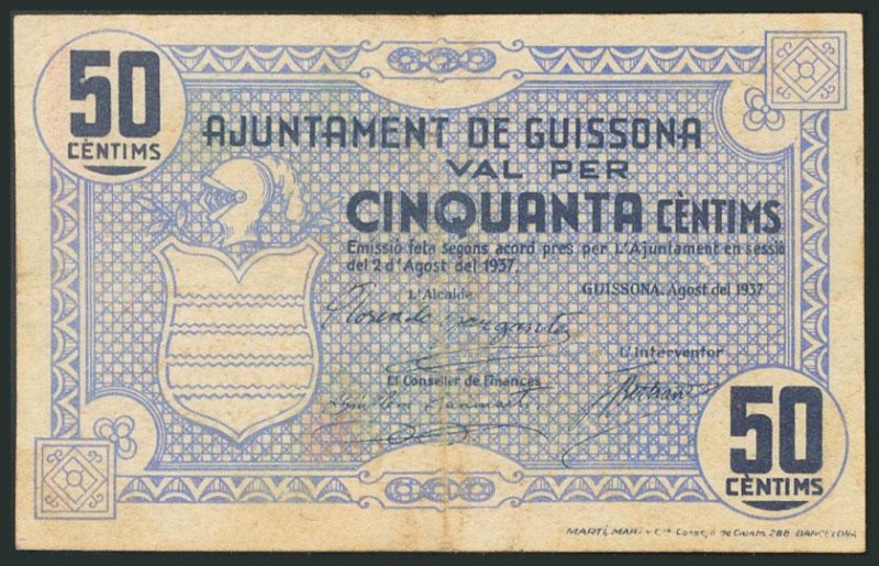 GUISSONA (LERIDA). 50 Céntimos. 2 de Abril 1937. (González: 8180). MBC.
