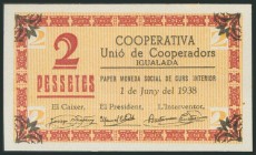 IGUALDA (BARCELONA). 2 Pesetas. 1 de Junio de 1938. Serie A. (González: 8257). SC.