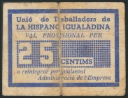 IGUALADA (BARCELONA). 25 Céntimos. (1937ca). (González: 8261). Muy raro. BC.