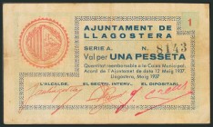 LLAGOSTERA (GERONA). 1 Peseta. 12 Mayo de 1937. Serie A. (González: 8335). MBC+.