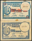 TORELLO (BARCELONA). 25 Céntimos y 1 Peseta. Mayo 1937. (González: 10308/09). MBC.