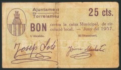 TORRELAMEU (LERIDA). 25 Céntimos. 11 de Junio de 1937. (González: 10365). Raro. MBC.