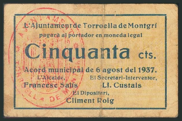 TORROELLA DE MONTGRI (GERONA). 50 Céntimos. 6 de Agosto de 1937. (González: 1039...