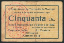 TORROELLA DE MONTGRI (GERONA). 50 Céntimos. 6 de Agosto de 1937. (González: 10394). MBC.