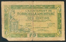 TORROELLA DE MONTGRI (GERONA). 10 Céntimos. 12 de Noviembre de 1937. (González: 10395). Falta en la esquina inferior izquierda. RC.