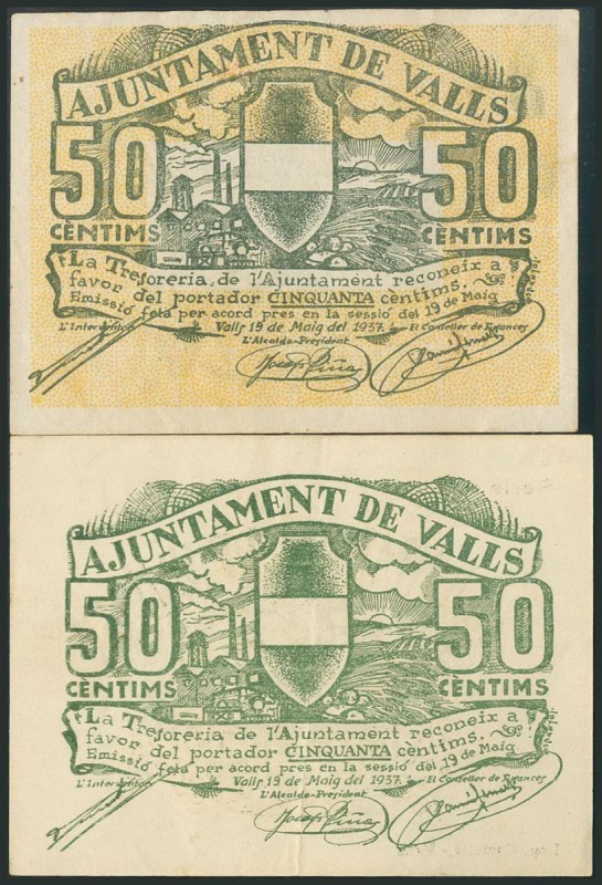 VALLS (TARRAGONA). 50 Céntimos (2). 19 de Mayo de 1937. Series A y B, respectiva...
