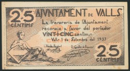 VALLS (TARRAGONA). 25 Céntimos. 1 de Septiembre de 1937. (González: 10545). EBC.
