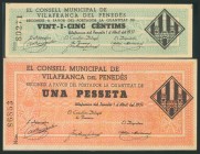 VILLAFRANCA DEL PENEDES (BARCELONA). 25 Céntimos y 1 Peseta. 1 de Abril de 1937. (González: 10708). SC.