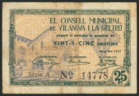 VILANOVA I LA GELTRU (BARCELONA). 25 Céntimos. Mayo 1937. Serie A. (González: 10832). BC.