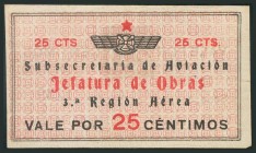BILLETES MILITARES-FUERZA AEREA. 25 Céntimos. 1 de Noviembre de 1937. (González: 5911). MBC+.