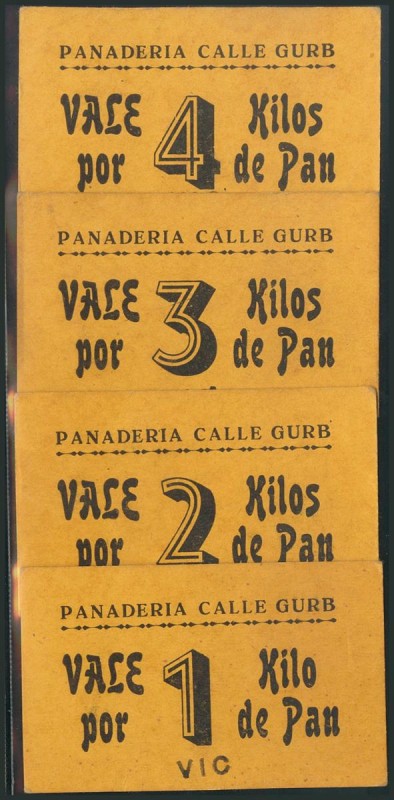 (1937ca). Conjunto de 4 vales de la Panadería Calle Gurb de 1 Kilo, 2 Kilos, 3 K...