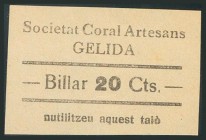 GELIDA (BARCELONA). Vale de 20 Céntimos, para el juego de billar. Societat Coral Artesans de Gelida. EBC+.