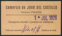 Vale de 1 Peseta del comercio de Juan del Castillo en Sonseca (Toledo), caduca al mes. EBC+.