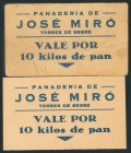 TORRES DE SEGRE (LERIDA). (1937ca). Conjunto de dos vales de la Panadería de José Miró de 10 Kilos de pan. EBC-.