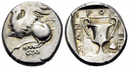THRACE. Abdera. Circa 365/0-350/45 BC. Tetrobol (Silver, 15 mm, 2.84 g, 6 h), struck under the magistrate Iromnemos. AB[Δ] Griffin atop Ionic column s...