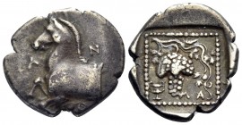 THRACE. Maroneia. Circa 398/7-386/5 BC. Tetrobol (Silver, 15.5 mm, 2.52 g, 9 h). A-N-Θ Forepart of horse to left. Rev. MA Grape bunch on vine; in lowe...