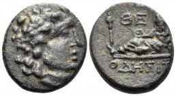 THRACE. Odessos. Circa 115/05-72/1 BC. (Bronze, 16 mm, 3.42 g, 12 h). Laureate head of Apollo to right. Rev. ΟΔΗΣΙΤ Odessos reclining to left on rock-...