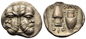 ISLANDS OFF THRACE, Thasos. Circa 411-340 BC. Hemidrachm or diobol(?) (Silver, 13.5 mm, 1.11 g, 11 h). Janiform head of Silenos, each bearded, bald-he...