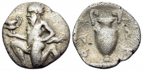 ISLANDS OFF THRACE, Thasos. Circa 411-340 BC. Trihemiobol (Silver, 12 mm, 0.78 g, 6 h). Bald satyr kneeling to left, holding kantharos in his right ha...