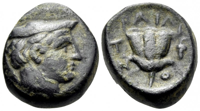MACEDON. Tragilos. Circa 380 BC. (Bronze, 15 mm, 5.19 g, 7 h). Head of Hermes ri...
