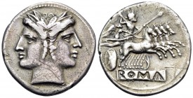Anonymous, circa 225-214/212 BC. Quadrigatus (Silver, 24 mm, 6.42 g, 5 h), Rome. Laureate janiform head. Rev. Jupiter, holding scepter in his left han...