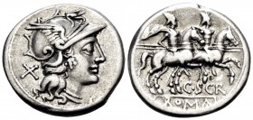 C. Scribonius, 154 BC. Denarius (Silver, 18 mm, 3.83 g, 7 h), Rome. Helmeted head of Roma to right; behind, X. Rev. C · SCR / ROMA The Diocouri on hor...