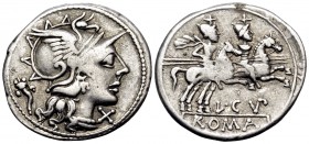 L. Cupiennius, 147 BC. Denarius (Silver, 20.5 mm, 3.56 g, 2 h), Rome. Helmeted head of Roma to right; behind, cornucopiae; below chin, denomination ma...