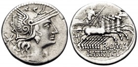 L. Minucius, 133 BC. Denarius (Silver, 20 mm, 3.91 g, 7 h), Rome. Helmeted head of Roma to right; behind, denomination mark. Rev. ROMA / L · MINVCI Ju...