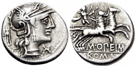 M. Opimius, 131 BC. Denarius (Silver, 17 mm, 3.92 g, 2 h), Rome. Helmeted head of Roma to right; behind, tripod; below chin, denomination mark. Rev. M...