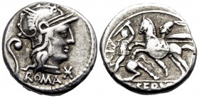 C. Servilius Vatia, 127 BC. Denarius (Silver, 17 mm, 3.90 g, 9 h), Rome. ROMA Helmeted head of Roma to right, star on neckguard; in left field, lituus...