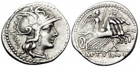 M. Tullius, 119 BC. Denarius (Silver, 21.5 mm, 3.84 g, 2 h), Rome. ROMA Helmeted head of Roma to right. Rev. M · TVLLI Victory driving galloping quadr...