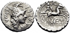 M. Aurelius Scaurus, 118 BC. Denarius Serratus (Silver, 20 mm, 3.91 g, 11 h), Narbo. ROMA / M · A(VR)ELI Helmeted head of Roma to right; behind, denom...