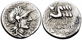 Cn. Domitius Ahenobarbus, 116-115 BC. Denarius (Silver, 19 mm, 3.84 g, 10 h), Rome. ROMA Helmeted head of Roma to right; behind, denomination mark. Re...