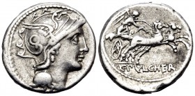 C. Claudius Pulcher, 110-109 BC. Denarius (Silver, 17.5 mm, 3.86 g, 10 h), Rome. Helmeted head of Roma to right. Rev. C · PVLCHER Victory driving gall...