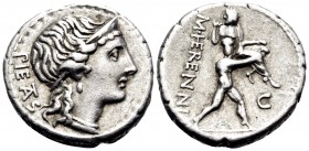 M. Herennius, 108-107 BC. Denarius (Silver, 18 mm, 3.95 g, 1 h), Rome. PIE(TA)S Diademed head of Pietas to right. Rev. M · HERENNI One of the Catanaea...