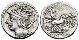 L. Appuleius Saturninus, 104 BC. Denarius (Silver, 18 mm, 3.98 g, 6 h), Rome. Helmeted head of Roma to left. Rev. L · SATVRN Saturn driving galloping ...