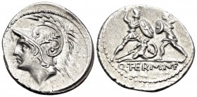 Q. Thermus M.f, 103 BC. Denarius (Silver, 20 mm, 3.98 g, 9 h), Rome. Head of Mars left, wearing crested helmet ornamented with plume and annulet. Rev....