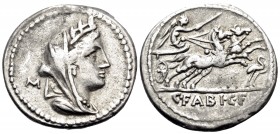 C. Fabius C.f. Hadrianus, 102 BC. Denarius (Silver, 20.5 mm, 3.96 g, 7 h), Rome. Veiled and turreted head of Cybele right; behind, M. Rev. C · FABI· C...