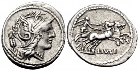 L. Julius, 101 BC. Denarius (Silver, 21 mm, 3.81 g, 7 h), Rome. Helmeted head of Roma to right; behind, grain ear. Rev. L · IVLI Victory driving gallo...