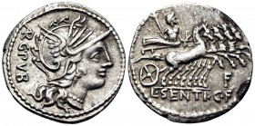 L. Sentius C.f, 101 BC. Denarius (Silver, 21 mm, 3.82 g, 8 h), Rome. (AR)G · PVB Helmeted head of Roma to right. Rev. L · SENTI · C · F Jupiter drivin...