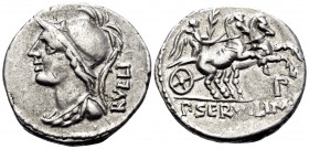P. Servilius M.f. Rullus, 100 BC. Denarius (Silver, 19 mm, 3.92 g, 8 h), Rome. RVLLI Helmeted bust of Minerva to left, wearing aegis. Rev. P · SERVIL ...