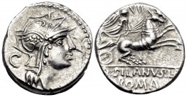 D. Silanus L.f, 91 BC. Denarius (Silver, 17.5 mm, 3.97 g, 12 h), Rome. Helmeted head of Roma to right; behind C. Rev. D · SILANVS L · F / ROMA Victory...