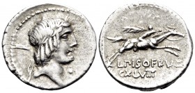 L. Calpurnius Piso Frugi, 90 BC. Denarius (Silver, 18 mm, 3.59 g, 11 h), Rome. Laureate head of Apollo to right; behind, B; below chin, pellet. Rev. L...