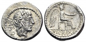 M. Porcius Cato, 89 BC. Quinarius (Silver, 14 mm, 2.24 g, 6 h), Rome. M CATO Head of Liber to right, wearing ivy-wreath. Rev. Victory seated right, ho...