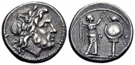 Anonymous, 211-208 BC. Victoriatus (Silver, 15.5 mm, 2.79 g, 7 h), Rome. Laureate head of Jupiter to right. Rev. [ROMA] Victory standing right, crowni...