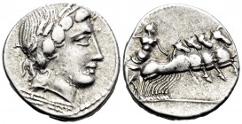 Gargilius, Ogulnius, and Vergilius, 86 BC. Denarius (Silver, 18 mm, 3.89 g, 7 h), Rome. Laureate head of Apollo right; below, thunderbolt. Rev. Jupite...