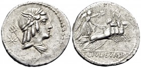 L. Julius Bursio, 85 BC. Denarius (Silver, 21 mm, 3.96 g, 5 h), Rome. Laureate, winged and draped bust of Apollo Vejovis to right, behind, trident and...