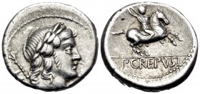 P. Crepusius, 82 BC. Denarius (Silver, 16.5 mm, 3.93 g, 6 h), Rome. Laureate head of Apollo to right, with scepter on his far shoulder; behind, uncert...