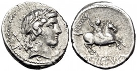 P. Crepusius, 82 BC. Denarius (Silver, 18 mm, 3.97 g, 1 h), Rome. Laureate head of Apollo to right, with scepter on his far shoulder; behind, I·; belo...